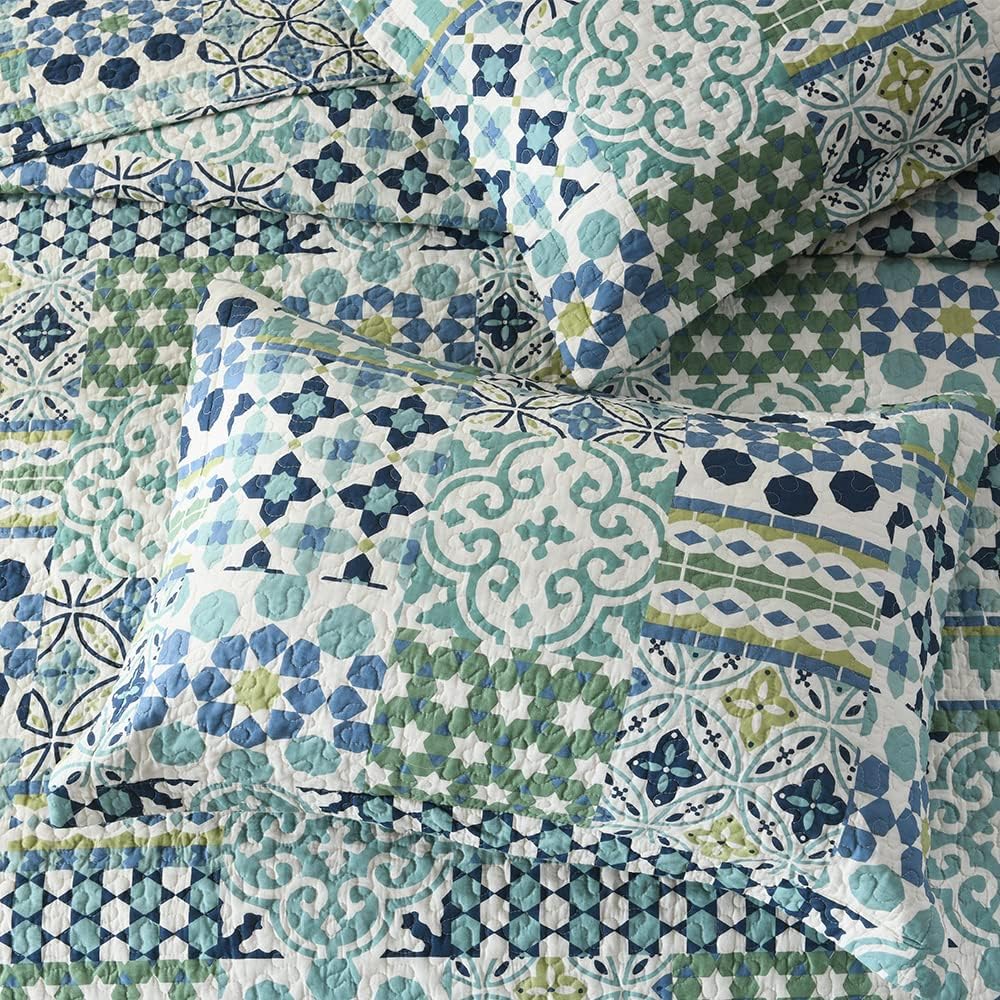 Cotton Bedspread Quilt Sets Reversible Coverlet Sets Comforters Vintage Bohemian Patchwork Bedspread (Green, Queen Size)