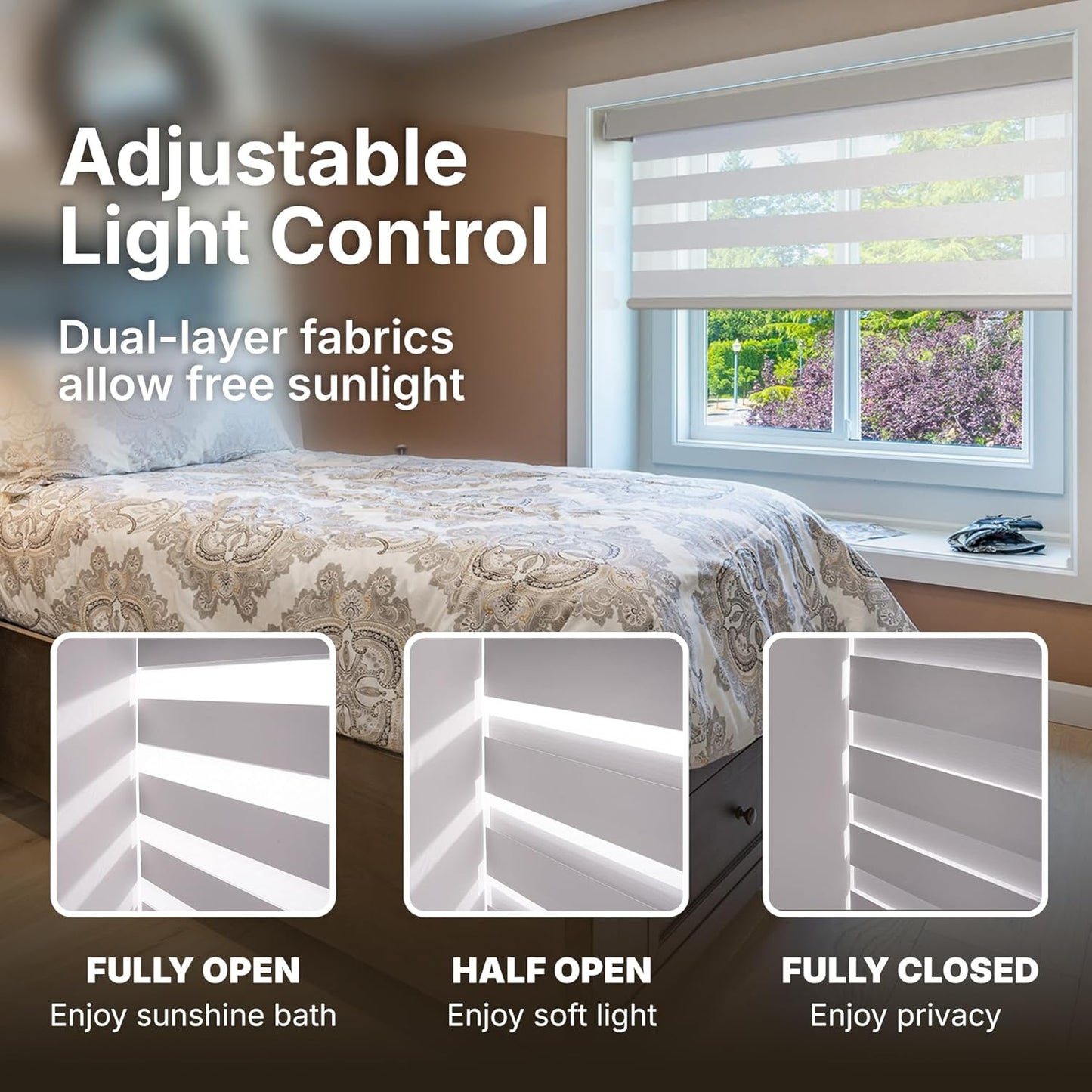 HESTIA Cordless Zebra Blinds Light Filtering Roller Shades UV Blocking Blackout Privacy Indoor Window Shades for Home Office Day and Night, Black,40" W x 54" H