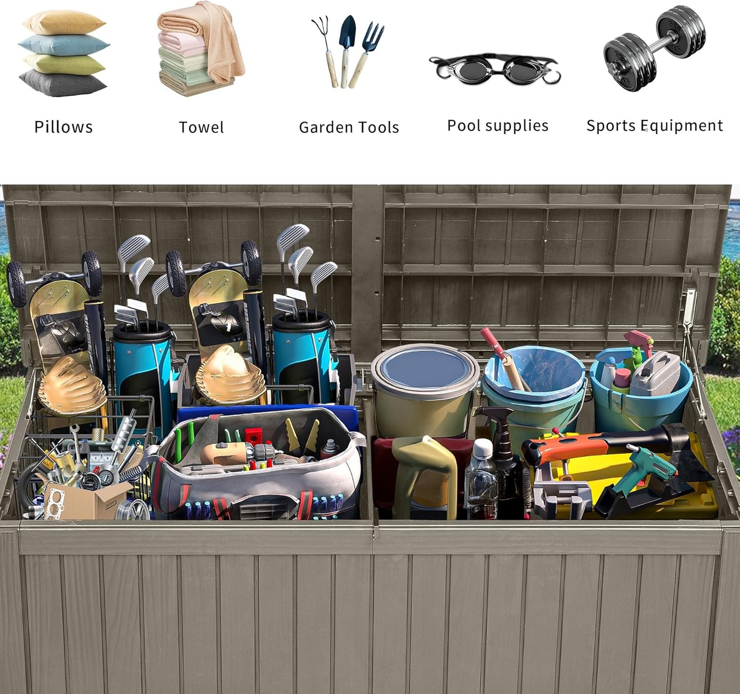 YITAHOME 180 Gallon Large Outdoor Storage XL Deck Box w/Divider for Patio Furniture,Outdoor Cushions, Garden Tools, Sports Equipment and Pool Supplies, Waterproof, Resin, Lockable, Taupe