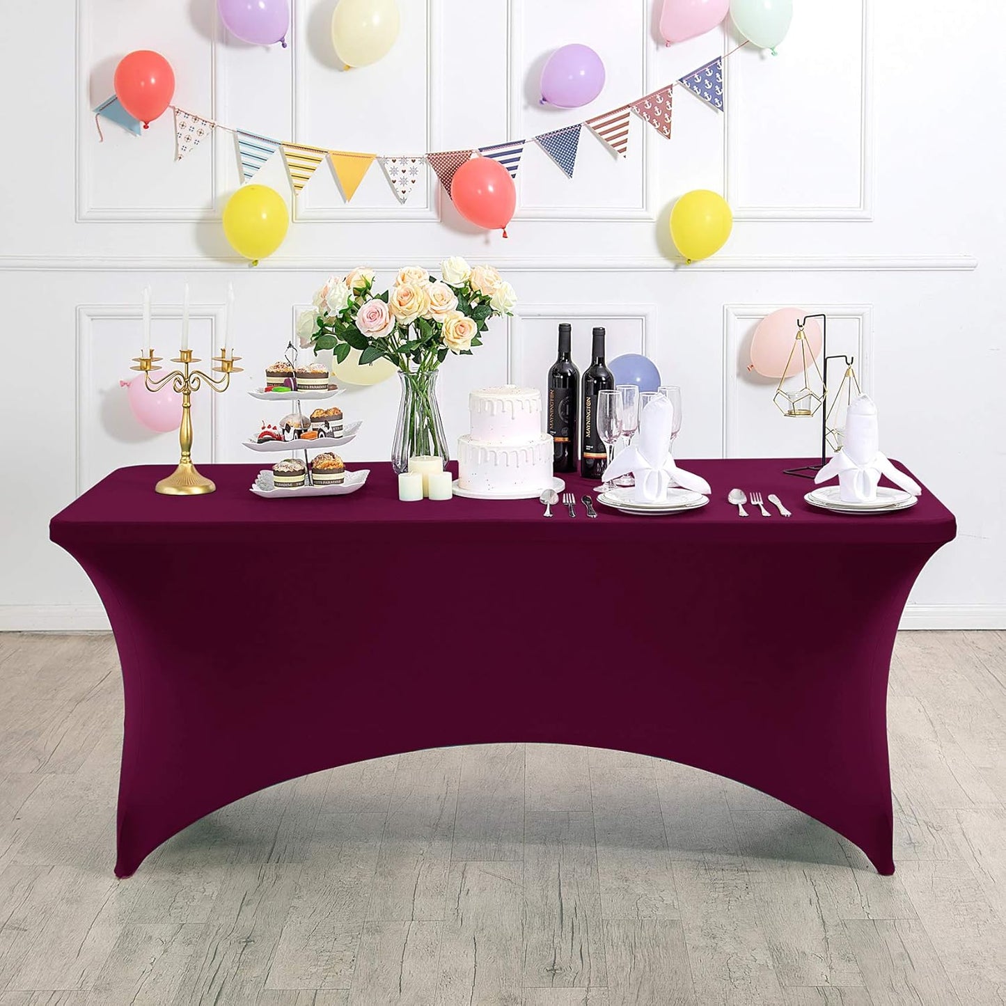 2Pack Spandex Table Cover for 8FT or 4ft or 6ft Table Universal Fitted Stretch Tablecloth for Party, Banquet, Wedding and Events-Burgundy