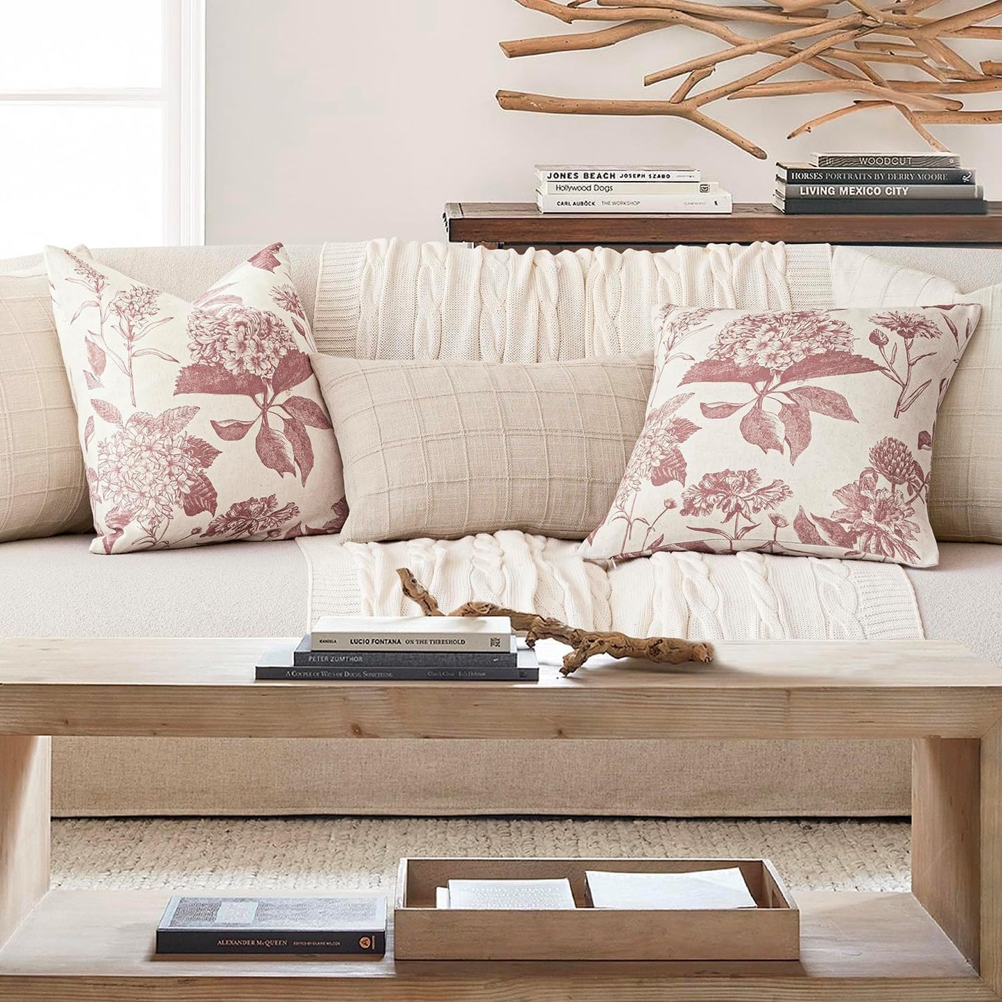 Foindtower Set of 2 Linen Floral Vintage Throw Pillow Covers Neutral Accent Decorative Cushion Covers Farmhouse Boho Home Decor for Sofa Chair Couch Bedroom Living Room Outdoor,20×20 Inch,Dark Pink