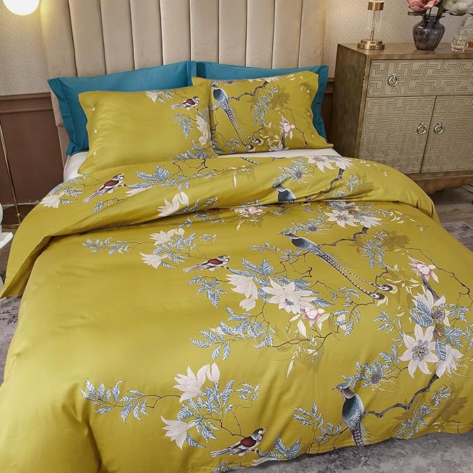 Vintage Style Flower Bird Comforter Set Queen Fluffy Soft Vibrant Color Floral Comforter Set Garden Style Bird Flower Botanical Comforter with 2 Pillowcases Queen Size Bed Comforter for All Seasons