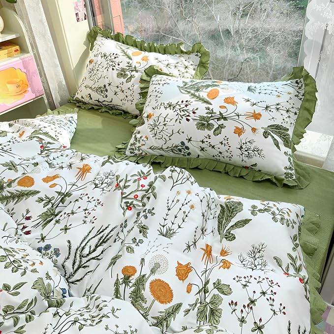 LifeTB Botanical Flower Comforter Set Full Vintage Green Floral Bedding Comforter with Elegant Ruffles Reversible Boho Floral Bedding Set Fluffy Princess Lace Ruffle Comforter Set for Kids Teen Girls