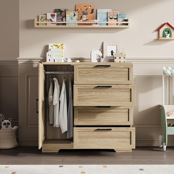 GarveeHome Wood Armoire Wardrobe Closet with 4 Drawers and Door, 43.3 in H Bedroom Wardrobe Cabinet with Hanging Rod, Clothing Storage Cabinets, 4 Drawers Dresser with Storage Closet, Natural Oak