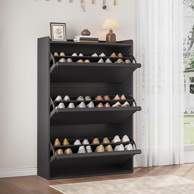 GarveeHome Shoe Cabinet with 3 Flip Drawers, Wooden Shoe Organizer Cabinet with Adjustable Shelf, Shoe Storage for Entryway, Hidden Shoe Cabinet for Hallway, Living Room, Black