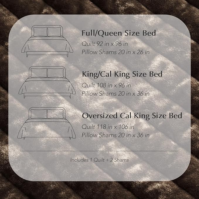 EVERGRACE Velvet Quilt Set California King 118'' x 106'', Luxurious Soft Striped Channel Bedding Set, Lightweight Velvet Comforter for All Season, Oversized Bedspread Coverlet w/ 2 Shams, Walnut Brown