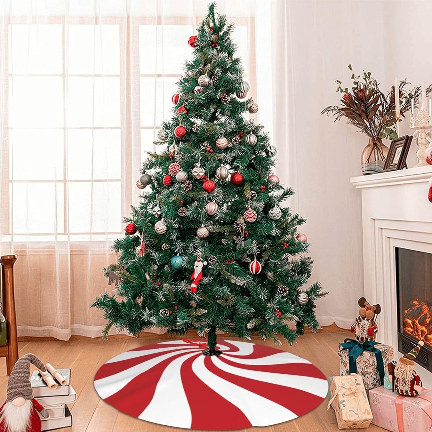 48" Large Christmas Tree Skirt, Red and White Peppermint Candy Round Pattern Tree Mat Base Cover for Xmas Festive Holiday Party Decoration Ornaments
