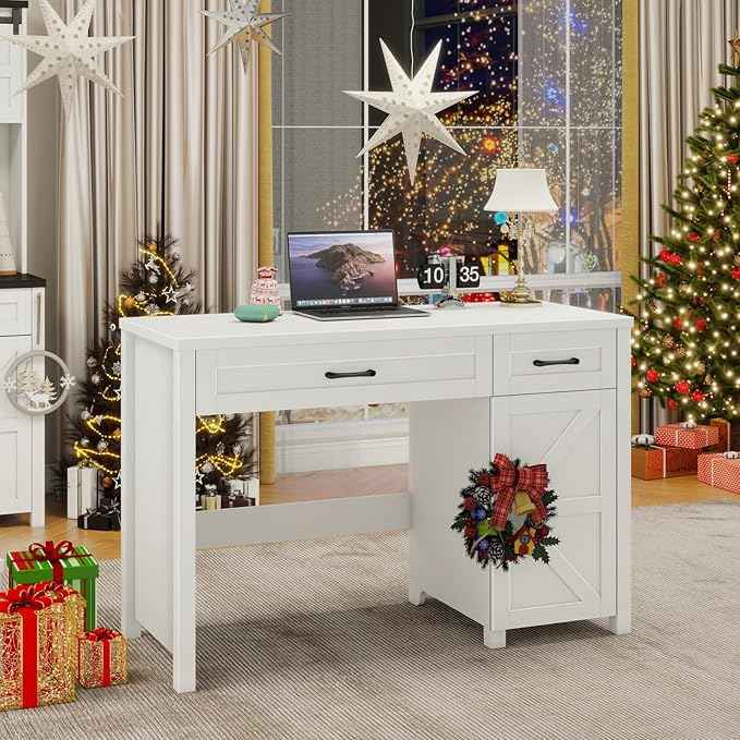 Vabches Farmhouse 47" Executive Desk, Computer Desk with Drawers and Storage Cabinet, Workstation Computer Desk for Home Office, Study.(Cream White)