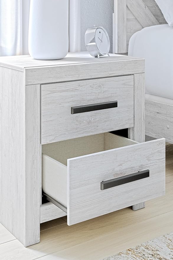 Signature Design by Ashley Cayboni Casual Nightstand with Framed Front and Pilasters, 2 Storage Drawers, Large Black Handles, Wood, 24.37" High, White