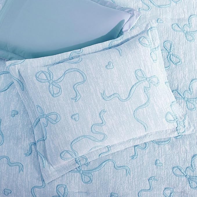 Geniospin Light Blue Full Comforter Set for Girls- 7 Pieces Bowknot Jacquard Bed in A Bag Full Bedding Sets with Sheets, Pillowcases & Shams, All Season Kids Comforter Set