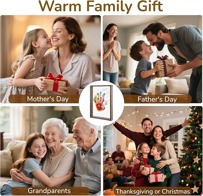 Family Handprint Frame Kit for 4 with 12 Colors &12 Pens,Fun DIY Craft Art Print Handprint Keepsake, Family Gifts for Christmas Mother's Father's Day Birthday Anniversary,Grandparent (Brown)