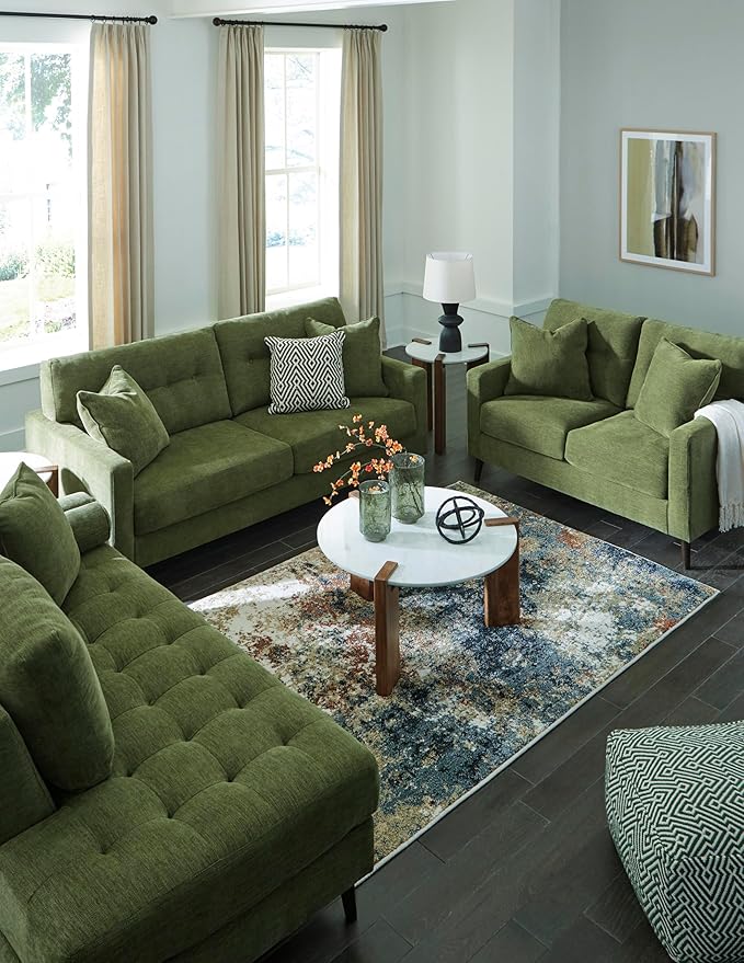 Signature Design by Ashley Bixler Mid-Century Modern Tufted Sofa with 2 Toss Pillows, Green