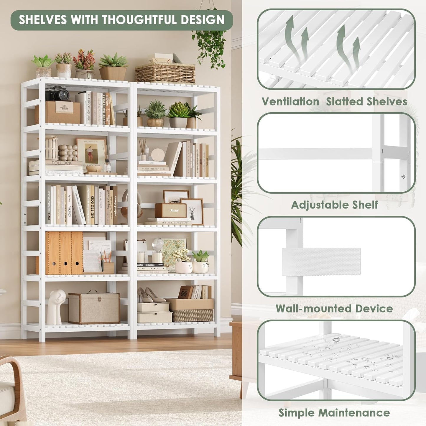 FOTOSOK 6-Tier Bamboo Shelf Set of 2, Bamboo Bookcase with Adjustable Shelves, Free Standing Storage Shelf Unit Plant Flower Stand, Tall Large White Bookshelf for Kitchen, Bathroom, Home Office, White - Décor Diaries