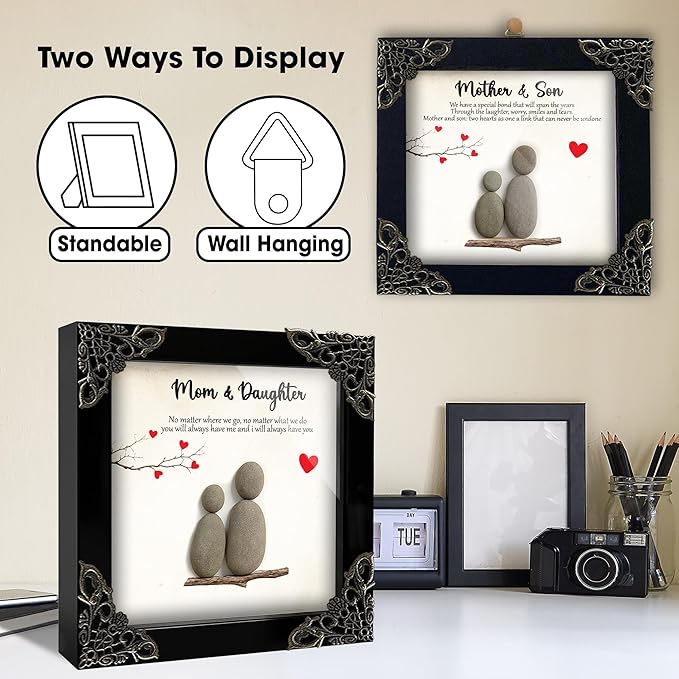 Mothers Day Mom Gifts from Daughters – 5.5" Pebble Art Frame Mothers Day Plaque, Engraved Mom Keychain, Card – Birthday Gift Set for Moms, Mother, Mama from Daughter Son, Best Mum Ever Keepsake S15-55