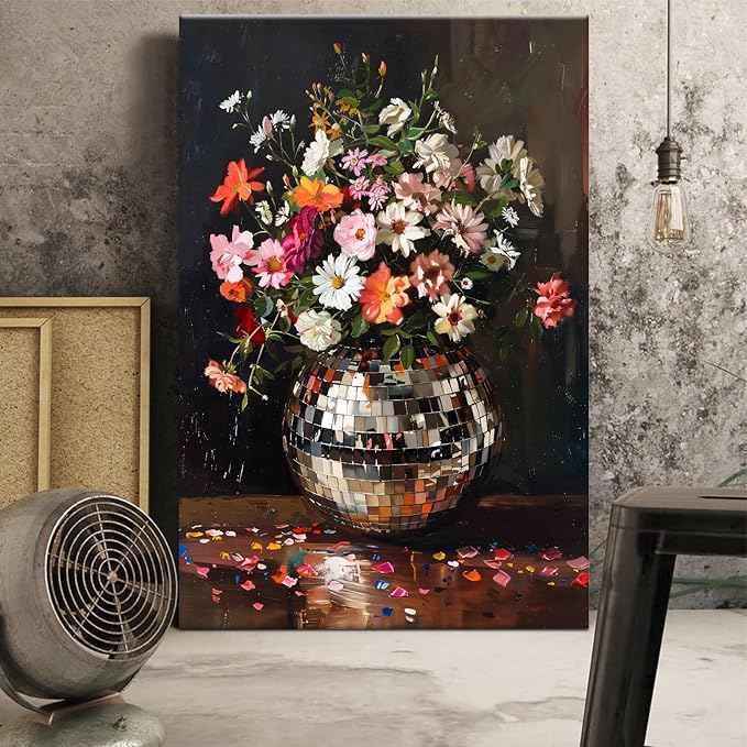 Colorful Moody Florals Disco Ball Wall Art, Maximalist Funky Wildflowers Bouquet Disco Ball Canvas Poster, Retro Cottagecore Flower Prints Paiting, Vintage Eclectic Wall Decor 24X36in Framed