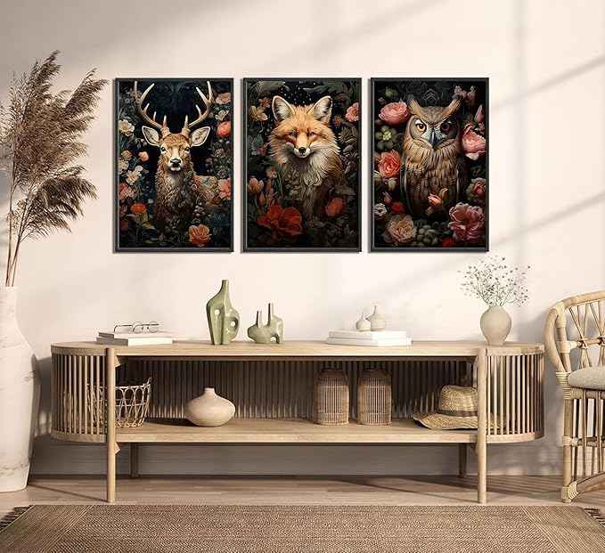 Magical Forest Animal Canvas Wall Art Flowers And Wild Animals Prints Wall Decor Dark Cottagecore Posters Gothic Vintage Botanical Floral Painting Picture Nature Room Decor Bedroom Decoration Unframed