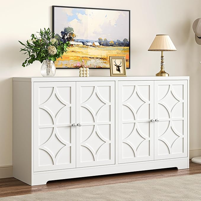 RoyalCraft 56'' Modern Kitchen Buffet Table with 4 Doors and Adjustable Shelves, Sideboard Buffet Cabinet with Storage, Wood Credenza Accent Coffee Bar Cabinet for Entryway, Living Room, Satin White