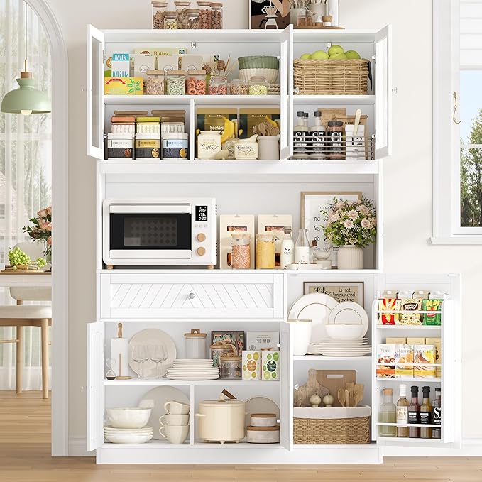 72” Tall Kitchen Pantry Storage Cabinet, Modern White Kitchen Hutch with Large Storage Drawer, Countertop, Adjustable Shelves, Food Pantry Cabinets for Dining Room, Living Room