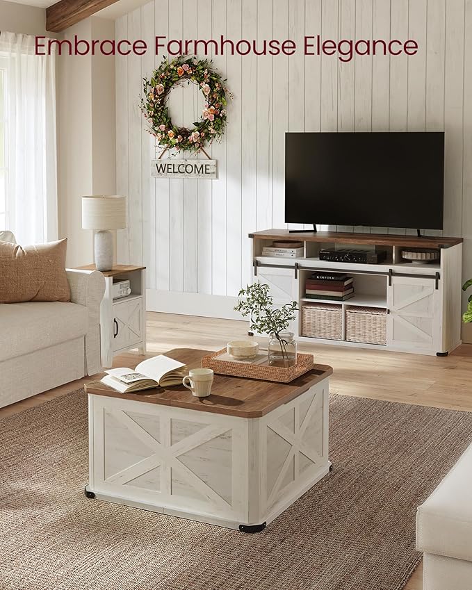 VASAGLE LIRY Collection - Farmhouse Coffee Table with Storage, Square Center Coffee Table for Living Room, with Hidden Compartment, Flip-Top Lids, Honey Brown and Rustic White ULCT232W73