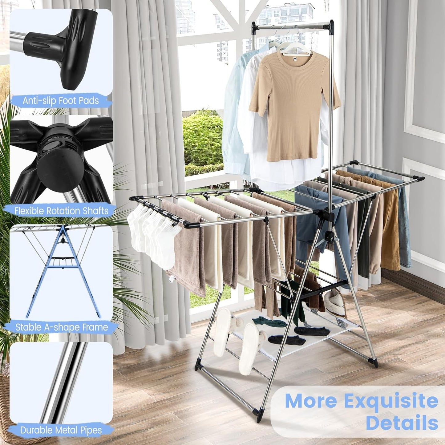 Giantex Clothes Drying Rack, Foldable Laundry Drying Rack with with 6-Level Adjustable Height, High Hanger Design, Side Clips, Space Saving Collapsible Laundry Drying Rack