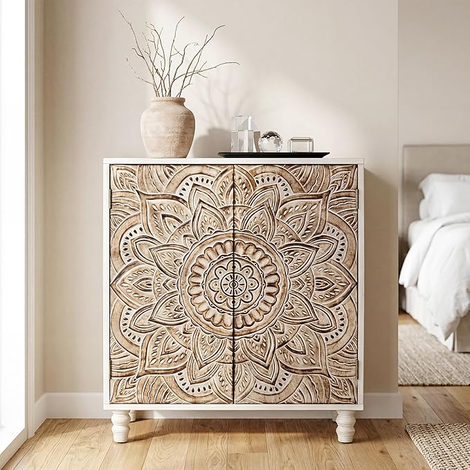 COSIEST Set of 2 32" Buffet Sideboard Cabinets with Storage, Accent Cabinet with Push-to-Open Doors, Vintage Lotus Carved Pinewood Doors, Entryway Console for Living Room, Kitchen, Hallway, Gray