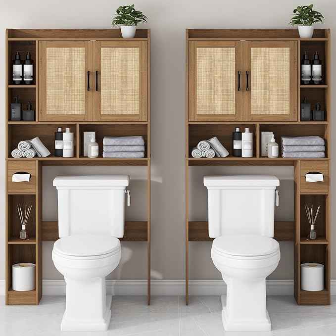 Farmhouse Rattan Storage Cabinet Over Toilet - 2 Door with Toilet Paper Holder - Space-Saving for Bathroom, Oak