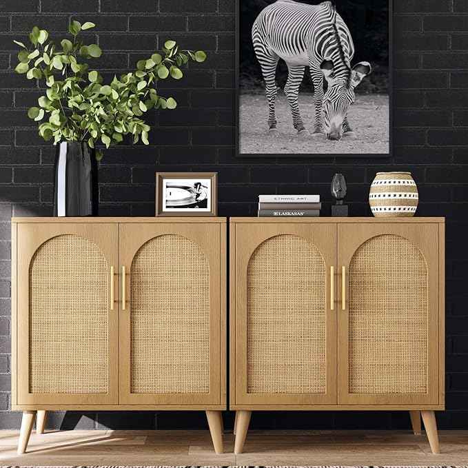 Rovaurx Set of 2 Rattan Storage Cabinet with Doors, Accent Bathroom Floor Cabinet, Modern Sideboard Buffet for Living Room, Entryway, Dining Room and Kitchen, Natural BMGZ108M02 | Set of 2, with Doors