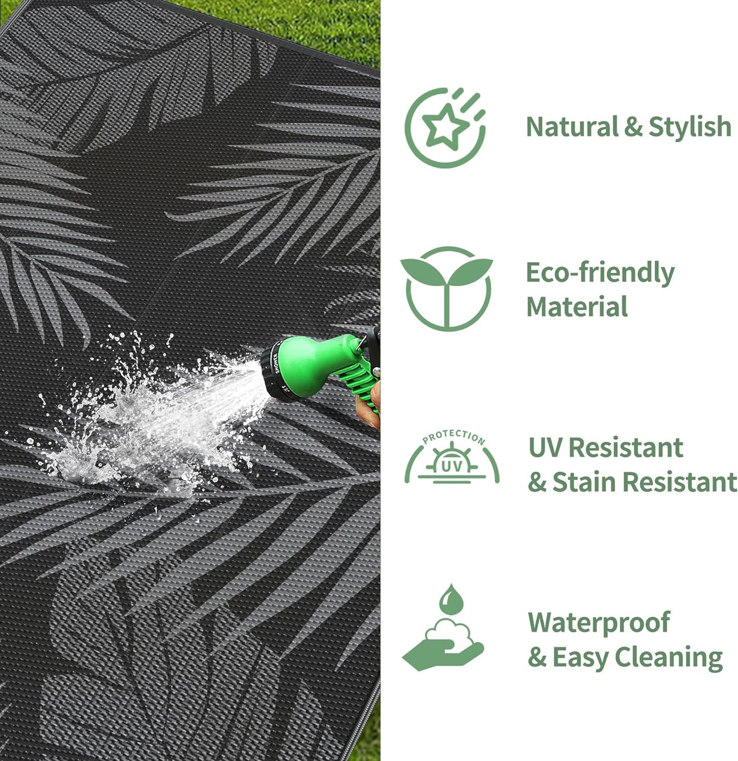 GENIMO Outdoor Rug 4' x 6' Waterproof for Patios Clearance, Reversible Outdoor Plastic Straw Camping Rug Carpet, Large Area Rugs Mats for RV, Camper, Deck, Balcony, Porch, Beach, Picnic, Black&Grey