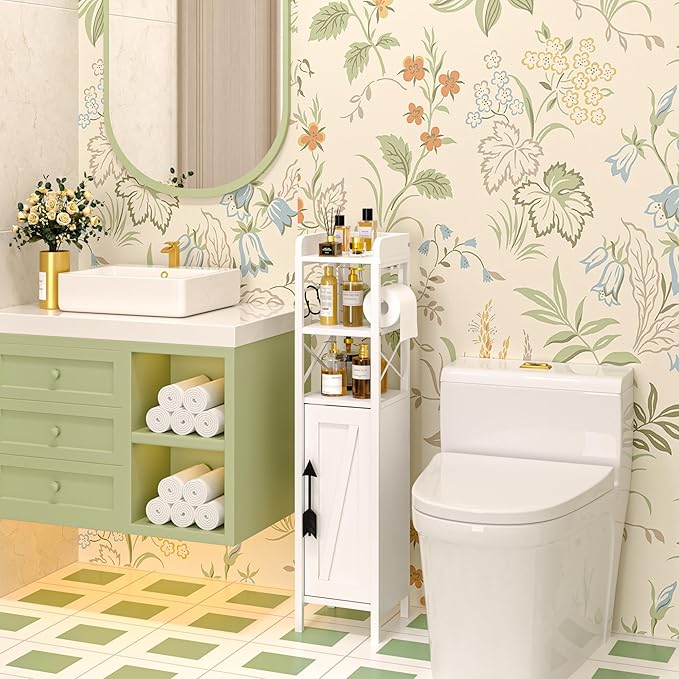VECELO Small Bathroom Cabinet,Slim Toilet Paper Holder with Door&2 Shelves, Upgraded Narrow Storage Organizer for Restroom Bathroom Tiny Space,Metal Scroll Fenced Top Waterproof Coating,White
