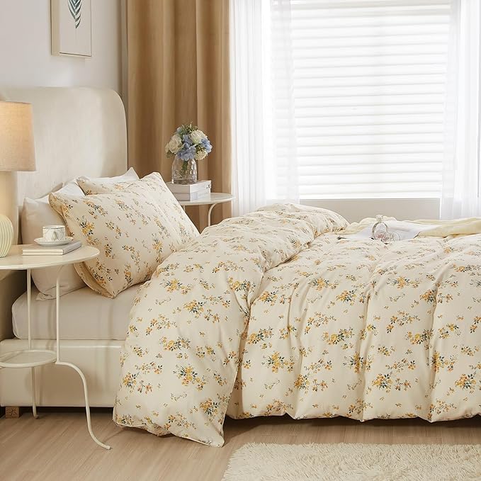 Vintage Yellow Flower Comforter Set Queen Fluffy Soft Floral Bedding Comforter Boho Flower Leaves Botanical Comforter Cottagecore Bedding Set Aesthetic Floral Comforter Set Queen Size for All Season