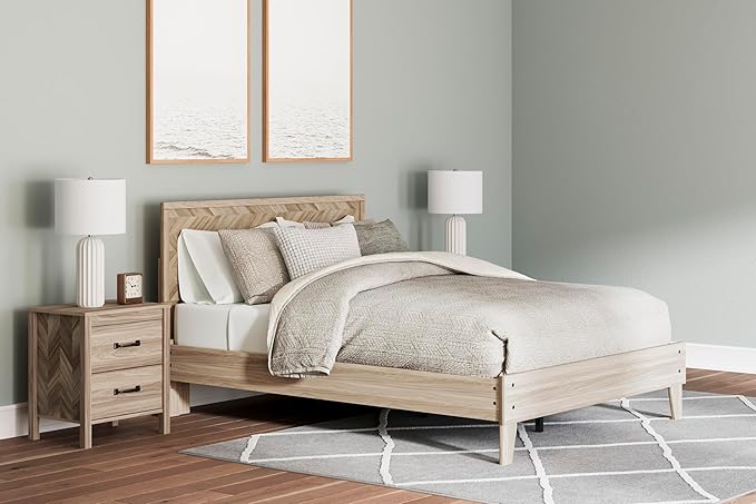 Signature Design by Ashley Battelle Mid-Century Modern Nightstand with Chevron Pattern, 2 Storage Drawers, Dark-Color Hardware, Wood, 24.5" High, Light Brown