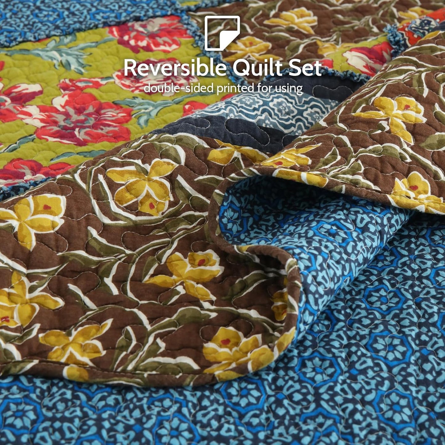 Yvooxny Queen Quilt Set Reversible Paisley Queen Size Quilted Bedspread Coverlet Set Country Farmhouse Cottage Quilted Bedding Set with Pillowcases for All Seasons, Queen Size, 98 * 90 Inches