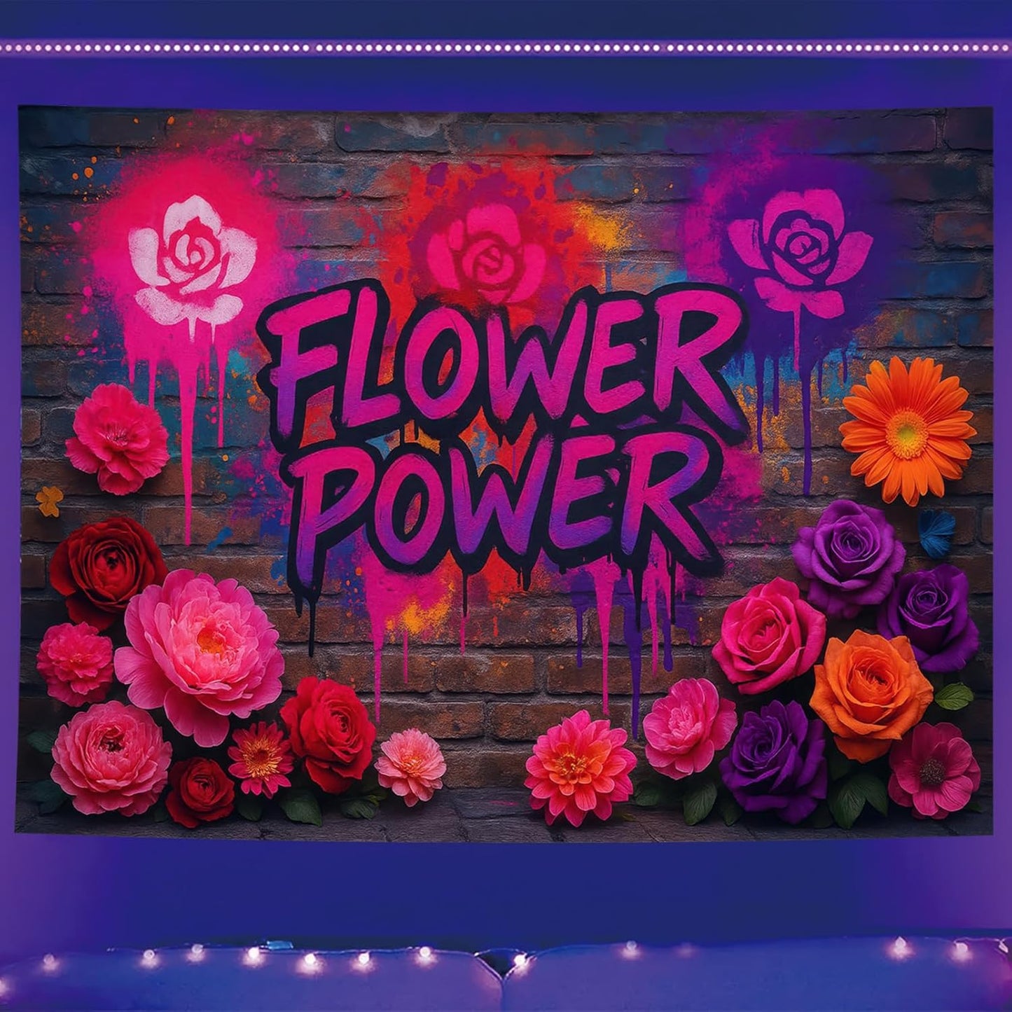 Starlit Patio Flower Power Blacklight Tapestry UV Reactive Wall Hanging Graffiti Brick Wall Roses Spray for Bedroom Dorm Living Room Glowing Retro Aesthetic Decor Fluorescent Trippy Poster 78 x 59 Inc