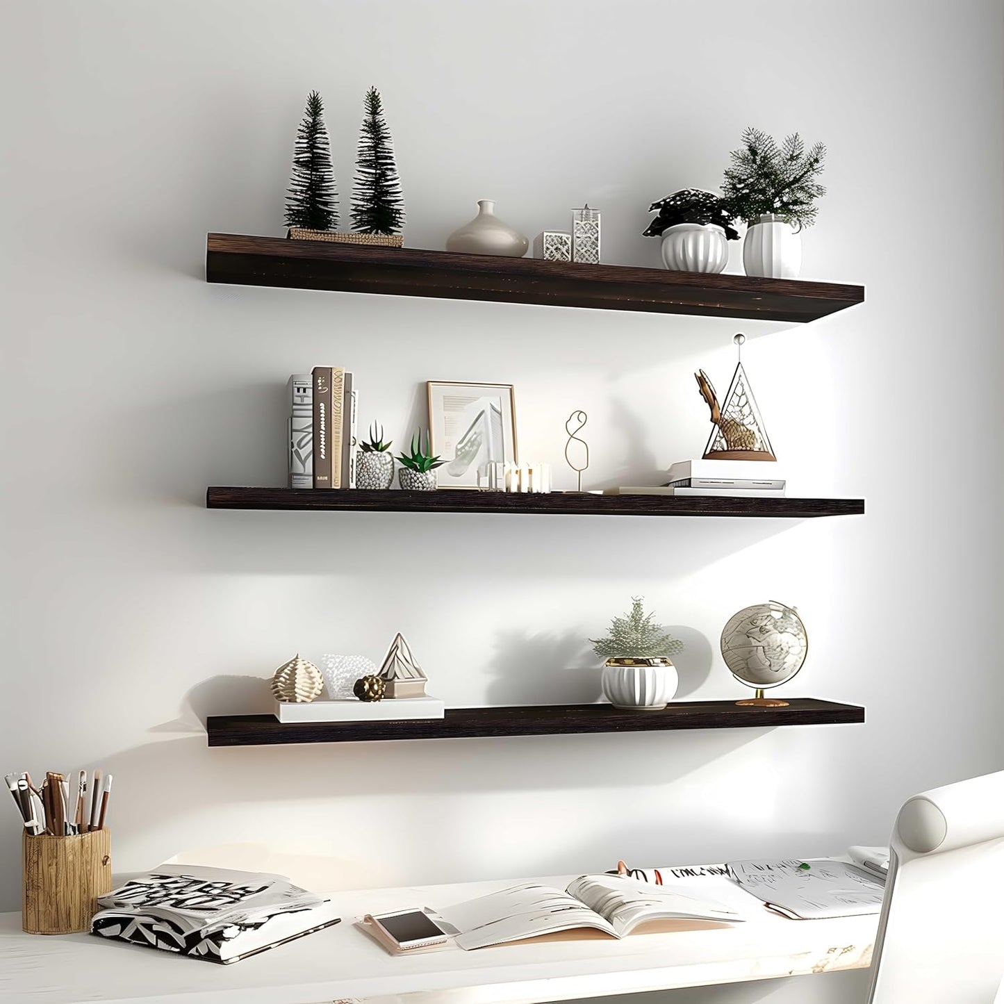 Wood Floating Shelves for Wall Decor, Rustic Wall Shelves for Bedroom Bathroom Kitchen Living Room, Set of 4 Walnut 36 Inch - Décor Diaries