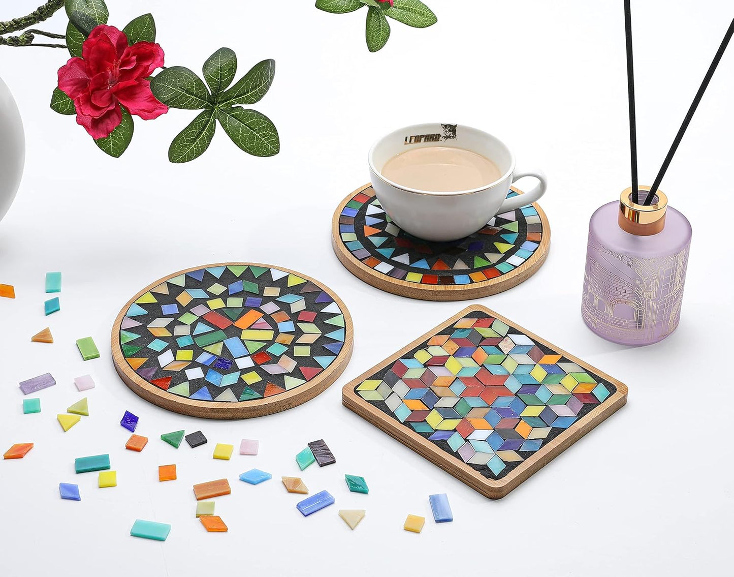 Lanyani 2 Sets of DIY Mosaic Craft Kits Mosaic Tiles Coaster Kit Make Your Own Mosaic Project Handmade Craft Set with Stained Glass Mosaic Tile Pieces for Decoration and Gift