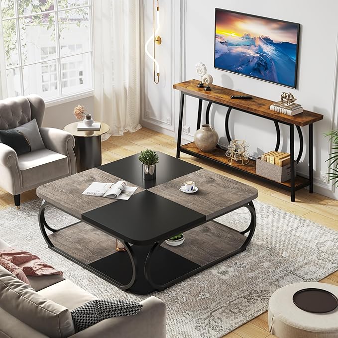 Tribesigns Coffee Table with Open Storage Shelf for Living Room, 39 Inch Large Wood Center Table Square Low Coffee Tables 2 Tier Farmhouse Tea Table with Metal Frame for Home Office, Black Rustic Grey