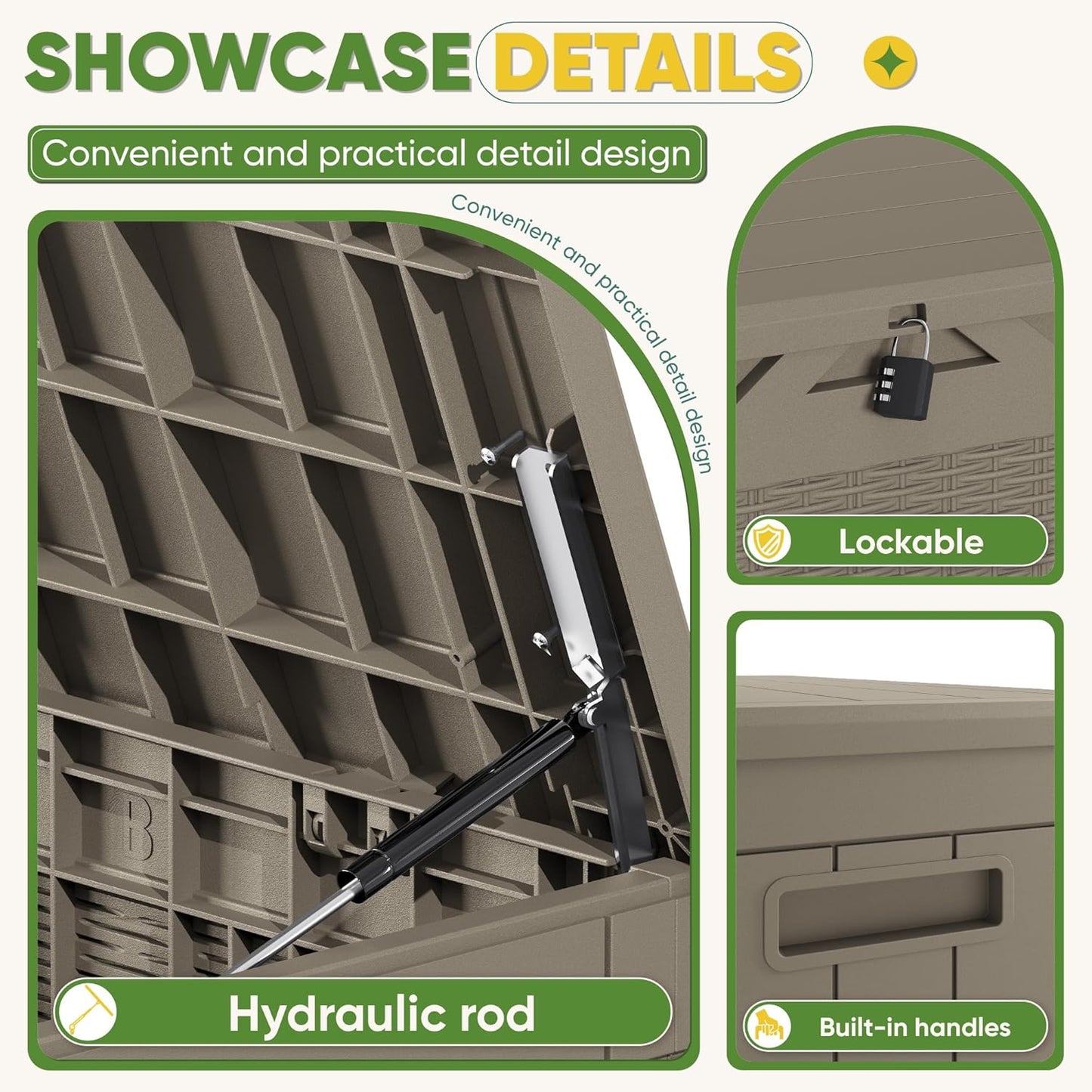 Greesum 100 Gallon Resin Deck Box Lockable Large Outdoor Storage Boxes for Garden Tools, Patio Furniture Cushions, Pool Supplies, Light Coffee