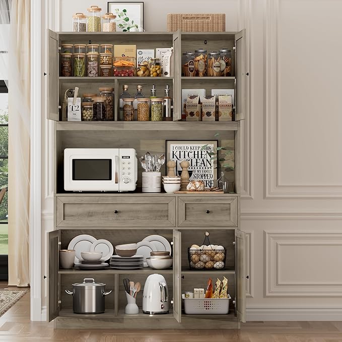 72" Kitchen Pantry Cabinet, Kitchen Hutch with Microwave Stand, Buffet Cabinet with Hutch for Dining Room, Ash Gray