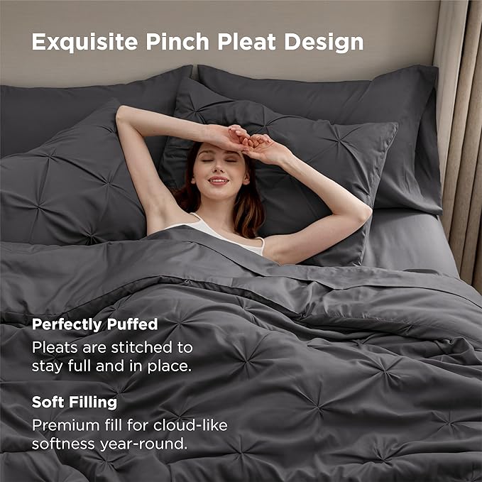 Bedsure Twin XL Comforter Set - Extra Long 5 Pieces Dorm Bedding Sets, GentleSoft™ Pinch Pleat Dark Grey Bed in a Bag with Pintuck Comforter, Sheets, Pillowcase & Sham
