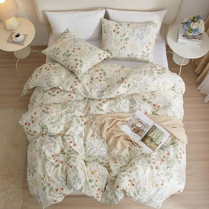 Garden Floral King Comforter Set Chic Flower Leaves Print Floral Bedding Comforter Fluffy Soft Vintage Style Aesthetic Comforter King with 2 Pillowcases Botanical Cottagecore Comforter for All Seasons