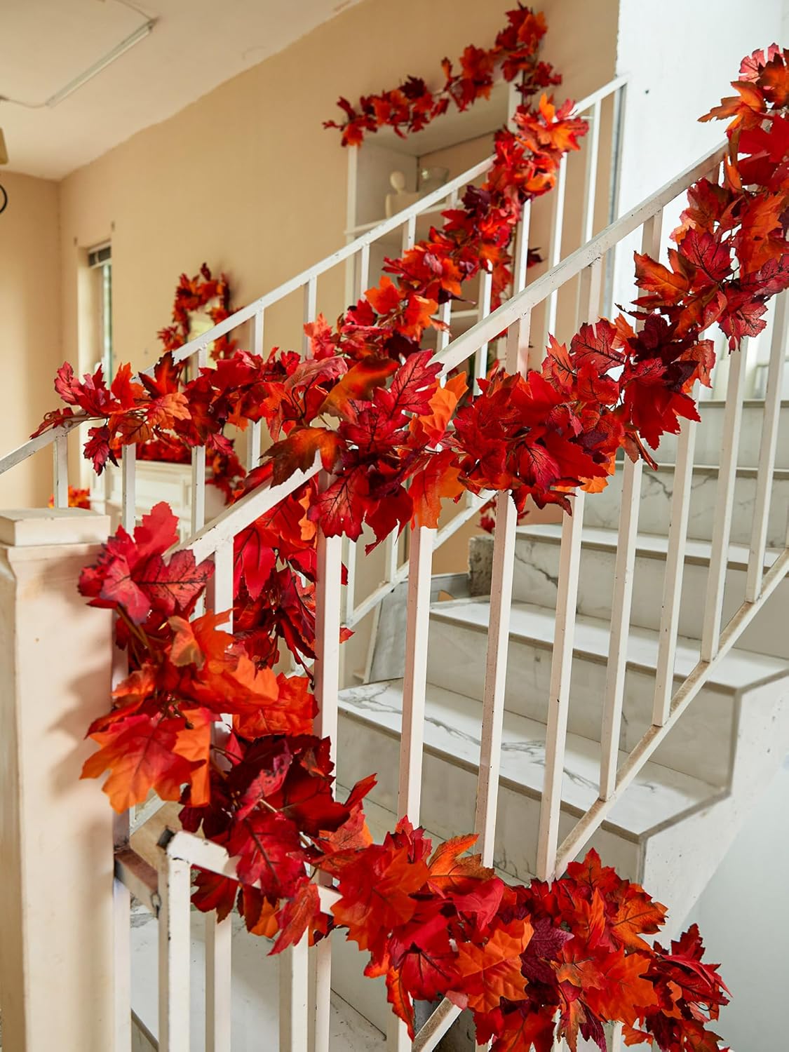 Party Joy 6PCS Artificial Maple Leaf Garland - 5.6Ft Autumn Red Fall Decor for Front Door, Table & Wall, Thanksgiving Garland Hanging Vines with Realistic Leaves
