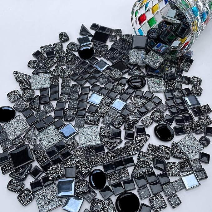 LITMIND 1.1 LB Black Irregular Glass Mosaic Tiles with Backing, Assorted Mosaic Shapes for Creative Crafts – Ideal for Adult Mosaic Kits, Puzzles, and Artwork Projects