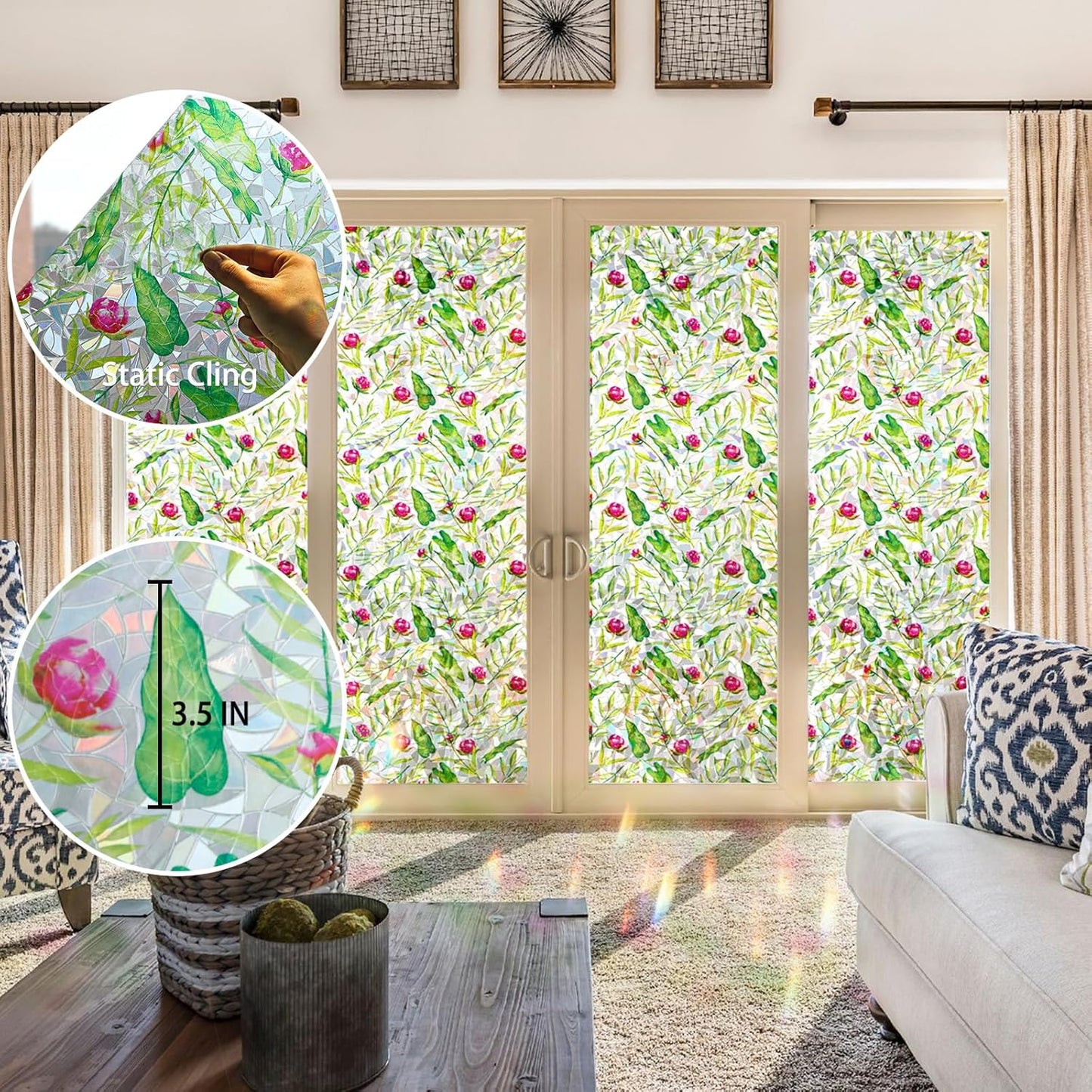 Rainbow Window Privacy Film 3D Floral Decorative Stained Glass Window Film Anti UV Non-Adhesive Reusable 17.5" x 157.4" for Home Room Car Glass Cling