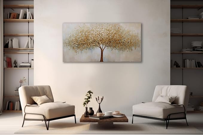 VHMING Wall Art Abstract Gold Tree of Life Modern Artwork Canvas Painting Textured Tree Pictures Wall Decor for Living Room Bedroom Dining Room Home Office Decor 24"x48" Ready to Hang