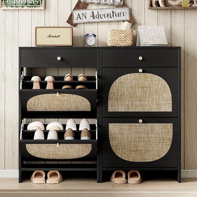 Nicetree Shoe Cabinet for Entryway, Slim Shoe Rack with 2 Flip Drawers and Top Storage Drawer, Narrow Shoe Organizer with Printed Rattan-Look Design, Entryway Shoe Storage for Size 12 Shoes, Black