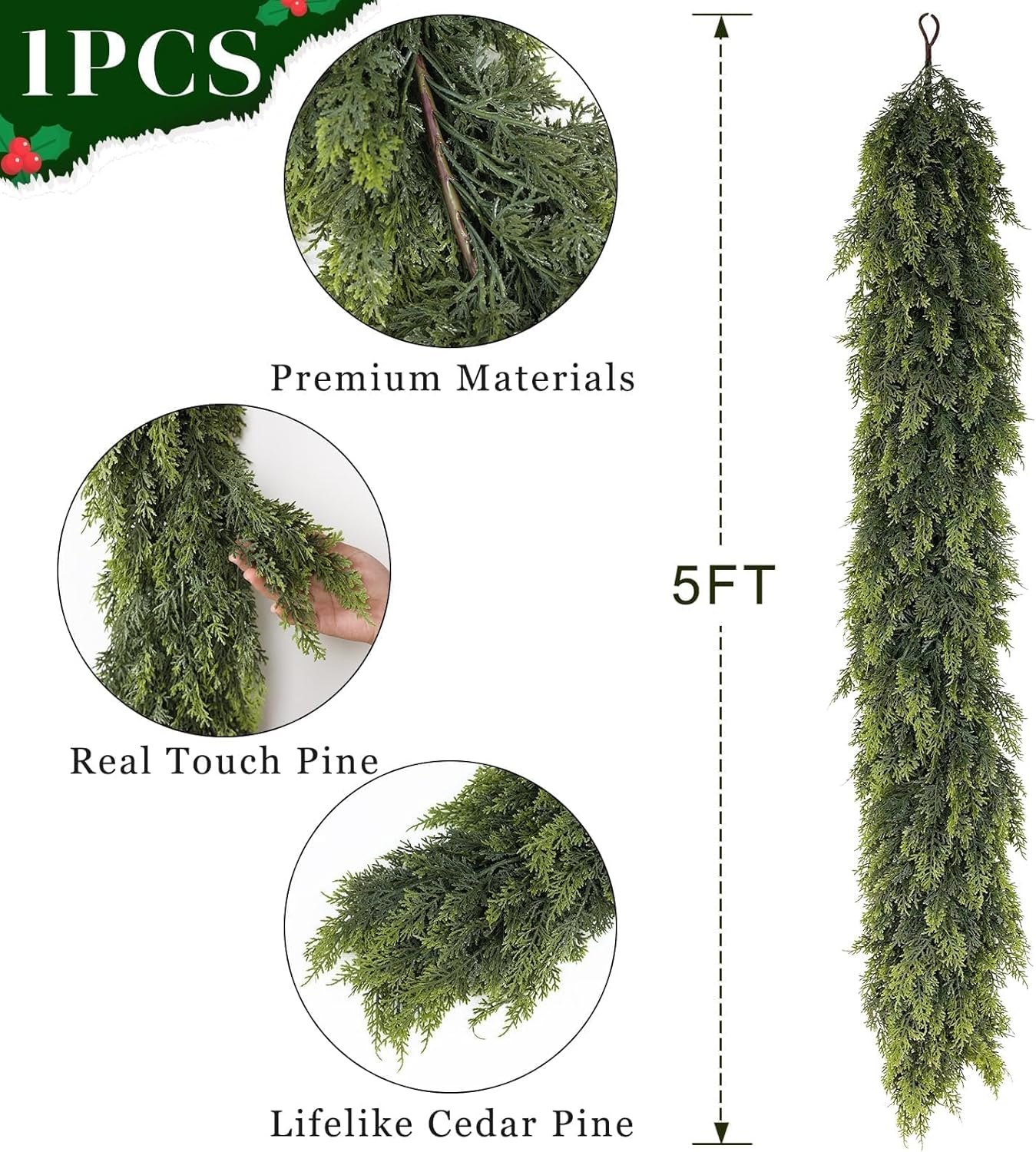 Real Touch Cedar Garland - Artificial Christmas Garlands Faux Green Cedar Fake Pine Needles Garland for Fireplace,Table, Stairs, Mantle, Window,Indoor Outdoor,Home,Holiday Decor(1 PCS,5 FT)