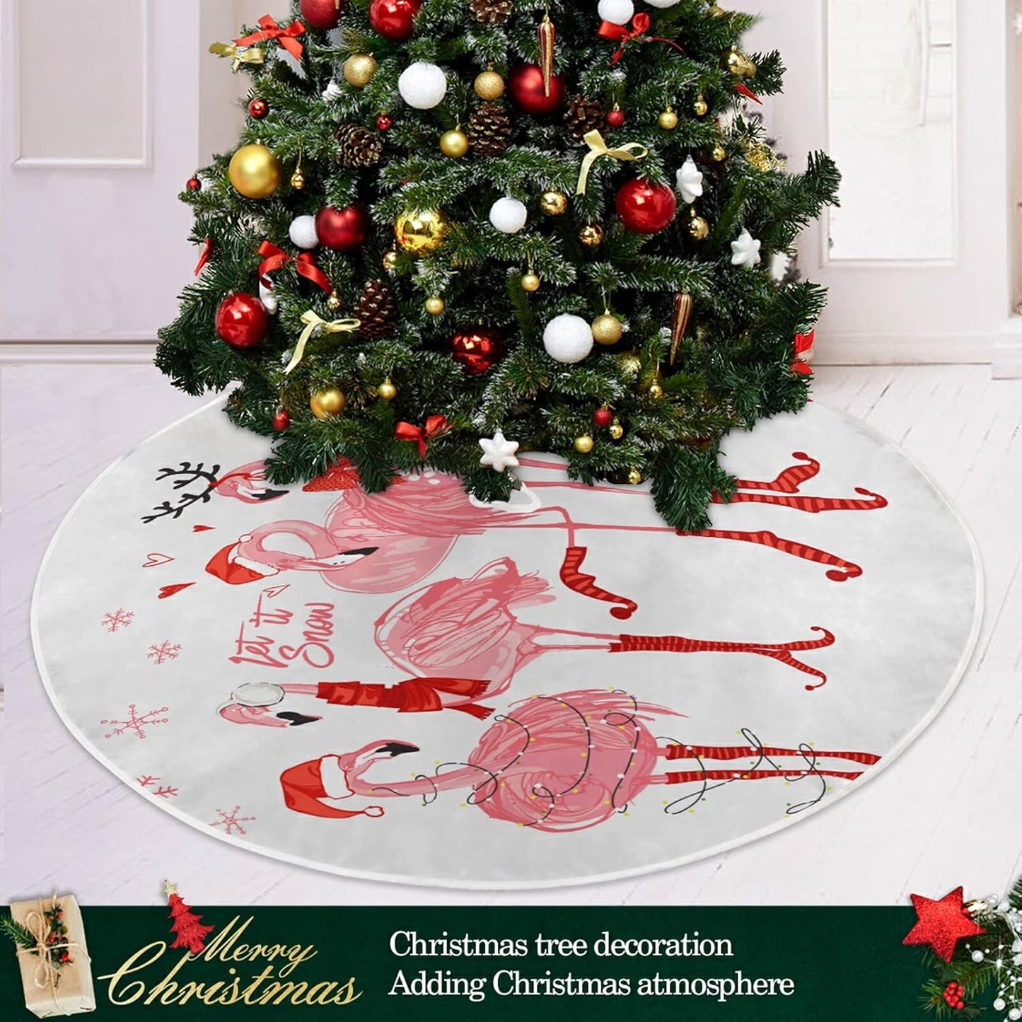 Christmas Pink Flamingo Snowflake Tree Skirt, Seasonal Tree Mat Holiday Party Supplies Ornaments Indoor Outdoor Decorations for Tabletop Trees 47.2 Inches