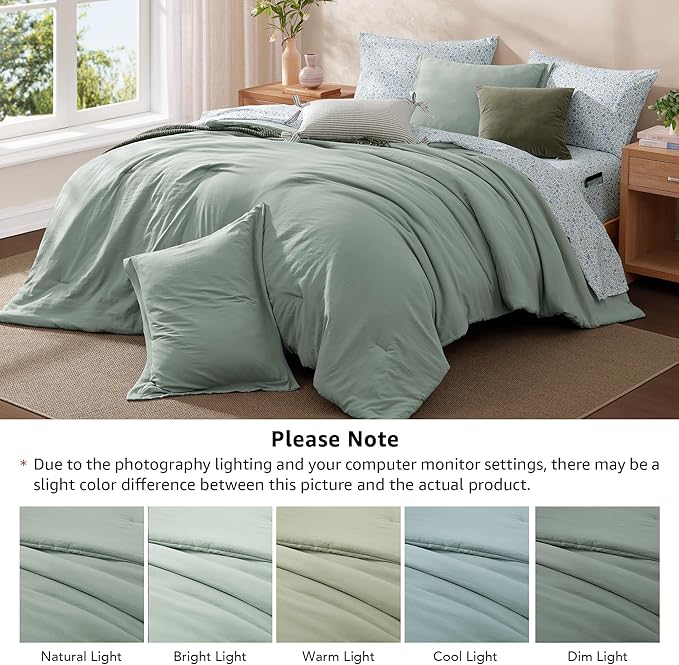 Monbix Queen Comforter Set - 7 Pieces Sage Green Prewashed Bed in a Bag Queen Bedding Sets with Comforters, All Seasons Ultra Soft Comforter Bed Set with Sheets,Pillowcases & Shams
