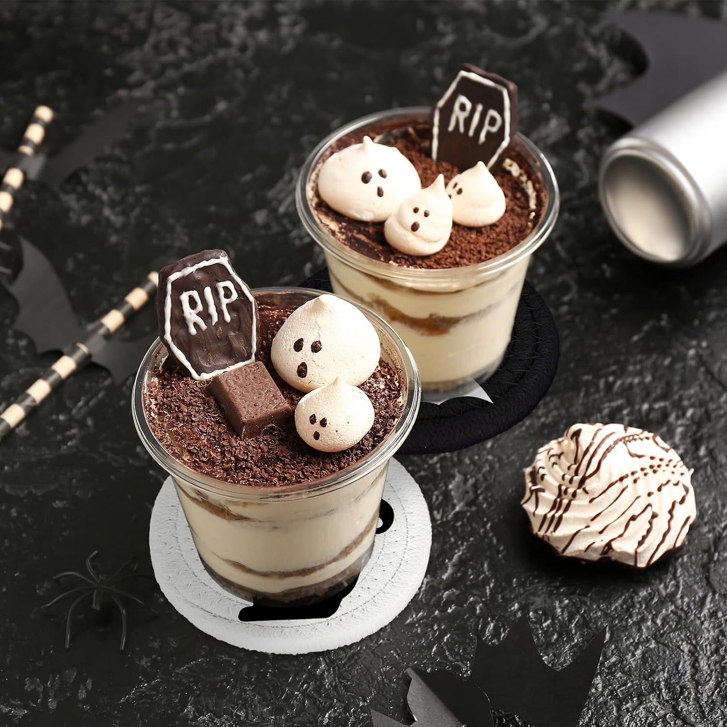 Whaline Halloween Handmade Braided Cotton Coasters Black White Ghost Bat Cat Spiderweb Drink Coasters Absorbent Cup Coasters for Halloween Party Home Office Decor, Set of 4