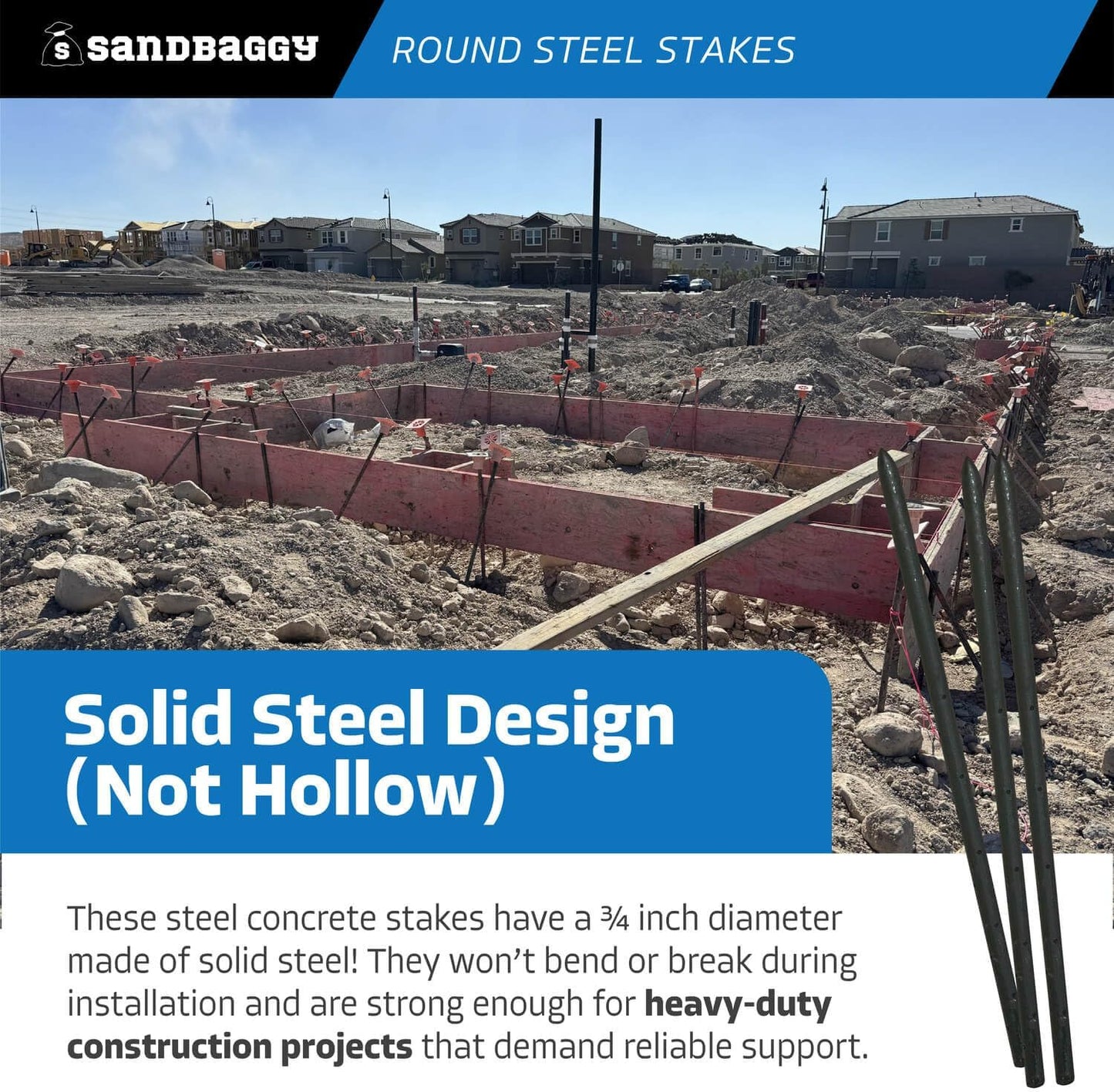 Sandbaggy Round Steel Concrete Form Stakes with Nail Holes - Rust Resistant Coating - Removable, Reusable (50, 3/4 in X 24 in)